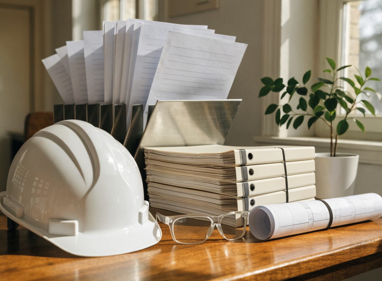An organized safety documentation station: hard hat, safety glasses, a stack of binders, filed checklists, and rolled plans in natural light